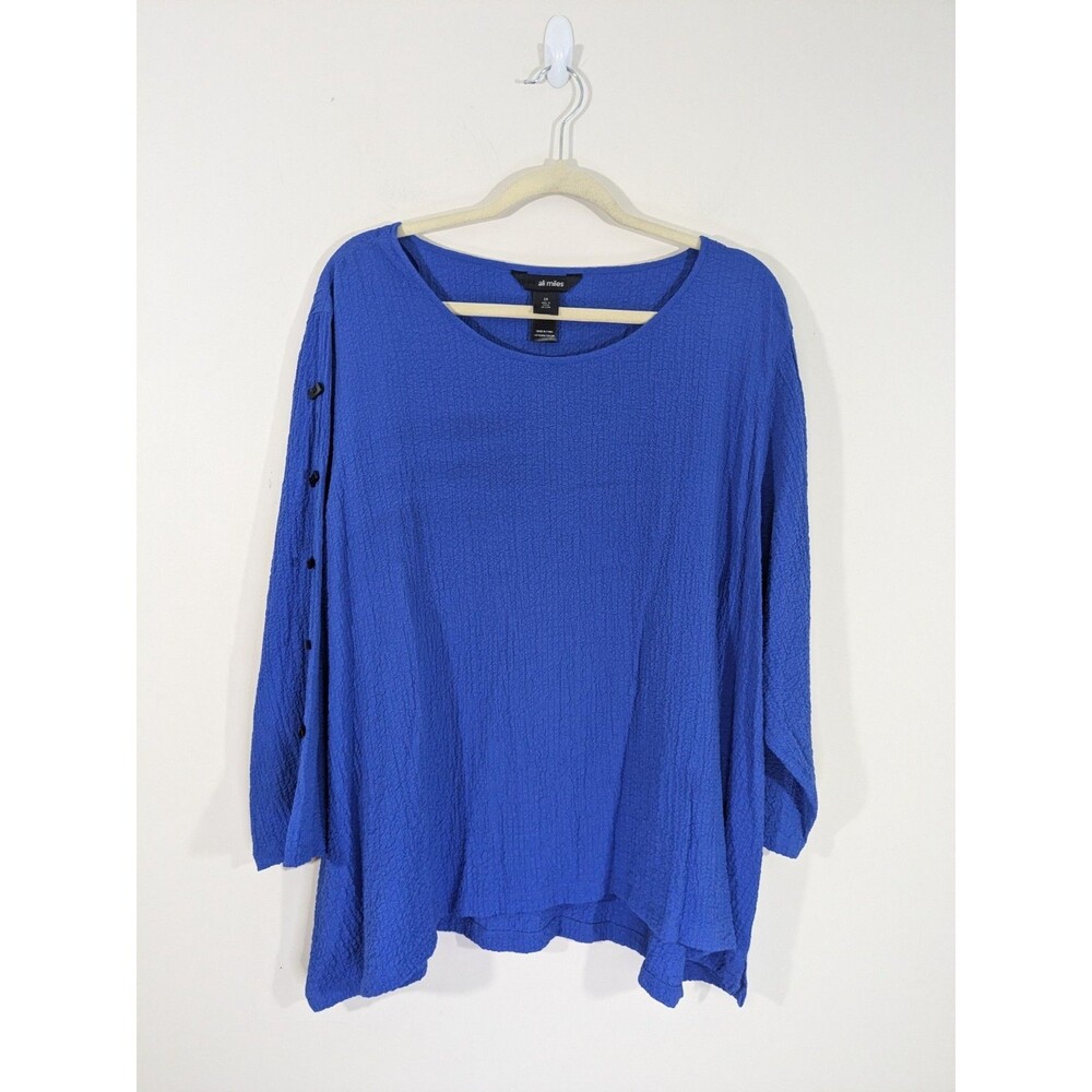 Ali Miles Sz 2X Cobalt Blue Blouse Tunic Button Accents Sleeve Textured Artsy
